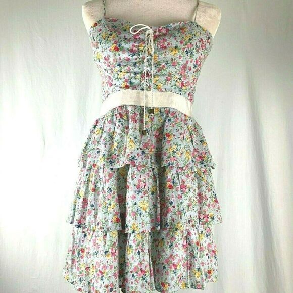 Red Tulips Floral Dress L Blue Lace Up Ruffles - Picture 1 of 5